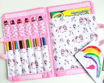 Crayon Colouring Book Carrier - Travel Activity Case - Marker Fold Up Tote Bag - Art Craft Kit - Princess Girl's Birthday Gift - Quiet Time