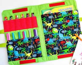 Crayon Colouring Book Carrier - Travel Activity Case - Marker Fold Up Tote Bag - Art Craft Kit - Dinosaur Child's Birthday Gift - Quiet Time