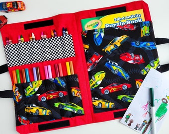 Crayon Colouring Book Carrier - Travel Activity Case - Marker Fold Up Tote Bag - Art Craft Kit - Race Car Boy's Birthday Gift - Quiet Time