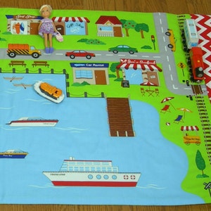 Harbour and Toy Car Play Mat - Fold Up Travel Quilt With Pockets for Toy Storage - Personalised Gift - Boy's Quilt