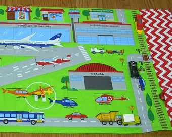 Airport Toy Car Play Mat - Fold Up Travel Road Activity - Fabric Toy Carrier for Small Toy Vehicles - Child's Personalise Gift - Boy's Quilt