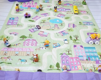 Doll Road Play Mat - Pockets for Toy Storage - Fold Up Travel Activity - Large Doll & Toy Carrier - Girl Quilt - Quiet Play - Child Gift