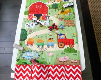 Farm Animal Road Play Mat - Child Quilt with Pockets- Toy Carrier - Fold Up Travel Activity -Imaginative Play - Child Personalise Gift