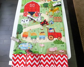 Travel Ready Farm and Animal Play Mat -  Fold Up Fabric Carrier for Toy Cars and Animals - Quiet Time Play Activity - Quilt