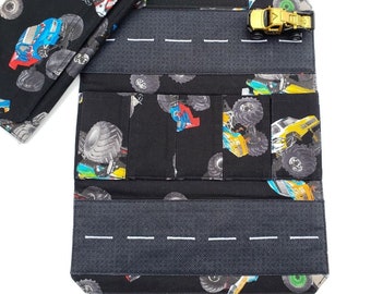 Toy Car Carrier - Fabric Wallet for Small Toy Cars  - Travel Activity - Road Play Mat - Monster Truck Pretend Play - Personalised Child Gift