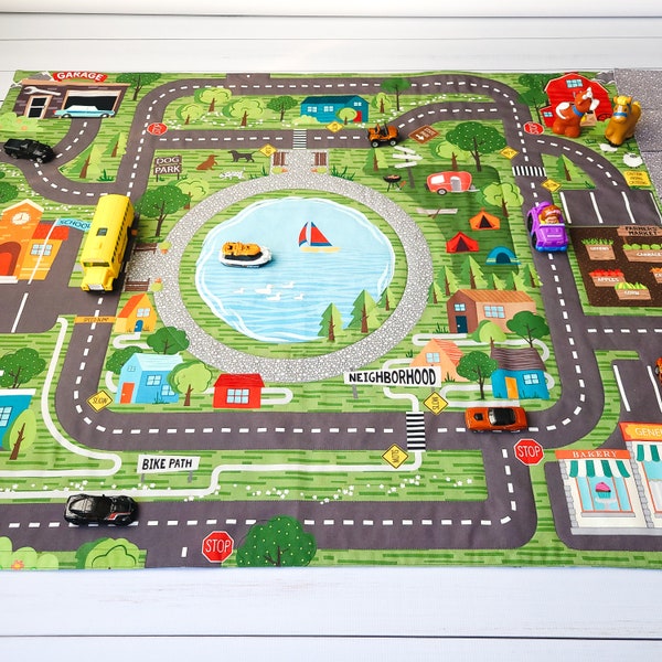 Road Play Mat for Toy Cars, Dolls and Farm Animal Toys - Fold Up Travel and Quiet Time Pretend Activity - Fabric Toy Carrier - Town Quilt