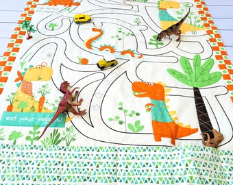 Dinosaur Play Mat - Fold Up Travel Road Activity - Carrier for Dinosaur and Car Toys - Maze Quilt - Quiet Creative Play -Gift for Child