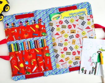 Crayon Colouring Book Carrier - Travel Activity Case - Marker Fold Up Tote Bag - Art Craft Kit - Construction - Boy's Birthday Gift
