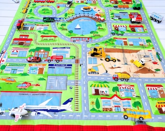 Town and Road Play Mat - Toddler Boy Quilt - Fold Up Travel and Quiet Time Activity - Fabric Toy Carrier for Small Toy Cars - Pretend Play