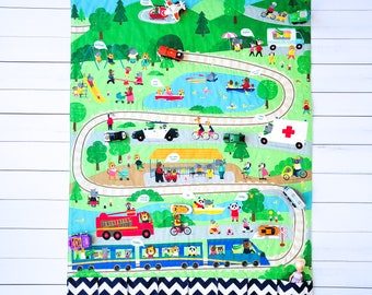 Road and Train Play Mat with Animals - Fold Up Travel Toy with Pockets for Toys, Dolls, Cars - Toddler Quilt - Quiet Play - Child Gift