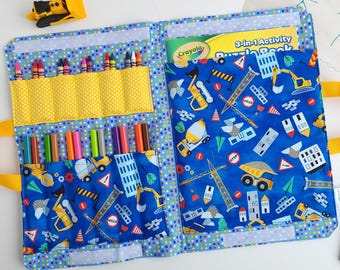 Crayon Colouring Book Carrier - Travel Activity Case - Marker Fold Up Tote Bag - Art Craft Kit - Construction Vehicles-Personalized Boy Gift