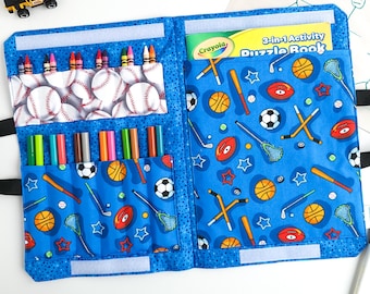 Crayon Colouring Book Carrier - Travel Activity Art Case -Personalized Child's Birthday Gift - Sports - Marker Foldup Bag - Craft Kit Tote
