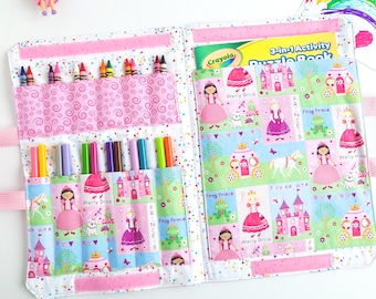 Crayon Colouring Book Carrier - Travel Activity Case - Marker Fold Up Tote Bag - Art Craft Kit - Princess - Girl Birthday Gift