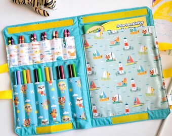 Crayon, Marker and Colouring Book Carrier - Cute Seaside Fabric Tote Bag for Travel Activities - Art and Crafts Organizer - Birthday