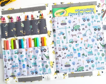 Crayon Colouring Book Carrier - Travel Activity Case - Marker Fold Up Tote Bag - Art Craft Kit - Construction & Roads -Toddler Birthday Gift