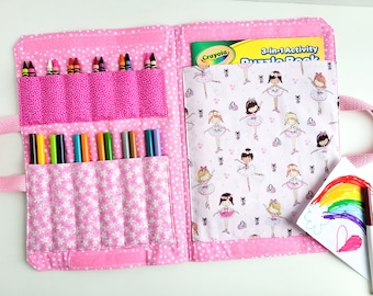 Crayon Colouring Book Carrier - Travel Activity Case - Marker Fold Up Tote Bag - Art Craft Kit - Ballerina - Birthday Gift - Quiet Time
