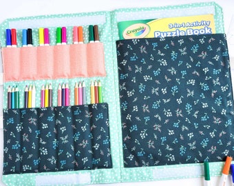 Crayon, Marker and Colouring Book Carrier - Floral & Snails Fabric Tote Bag for Travel Activities - Art and Crafts Organizer - Birthday Gift