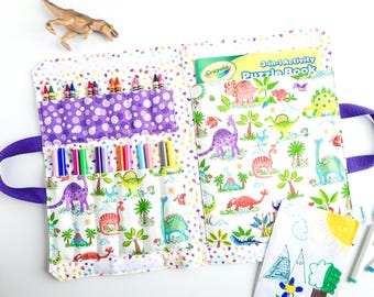 Crayon Colouring Book Carrier - Travel Activity Case - Marker Fold Up Tote Bag - Art Craft Kit - Cute Dinosaurs - Birthday Gift - Craft Tote