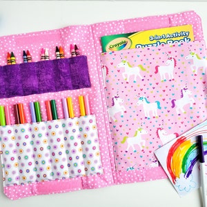 Crayon Colouring Book Carrier - Travel Activity Case - Marker Fold Up Tote Bag - Art Craft Kit - Unicorn - Birthday Gift - Quiet Time