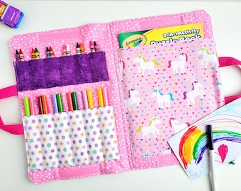 Crayon Colouring Book Carrier - Travel Activity Case - Marker Fold Up Tote Bag - Art Craft Kit - Unicorn - Birthday Gift - Quiet Time