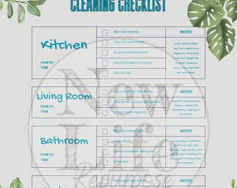May include: A printable cleaning checklist with sections for the kitchen, living room, bathroom, bedroom, and general tasks. Each section has a list of cleaning tasks with checkboxes and notes for each room.
