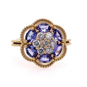 14k Yellow Gold Ring Cluster of Tanzanites and Diamond Ring