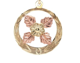 20 mm Black Hills Gold Circle Floral Pendant 10k Tri-Color Gold Leaves