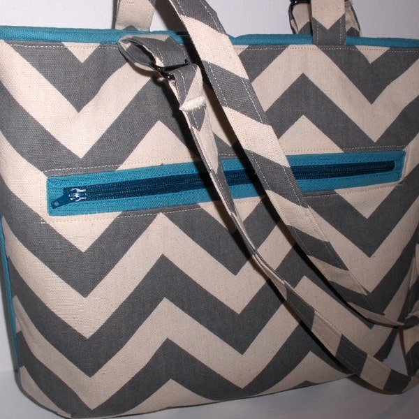 CUSTOM ORDER for MARLO: Tablet Tote & Purse, padded, 11hx14wx3d, handmade, one-of-a-kind, decorator fabric of gray and cream zigzag print