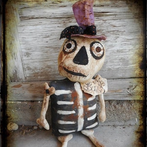 Made to Order - Primitive Skeleton Halloween Folk Art Rag Doll, Bones Halloween Decor, Autumn Fall Decor, Door Hanger Greeter, Shelf Sitter