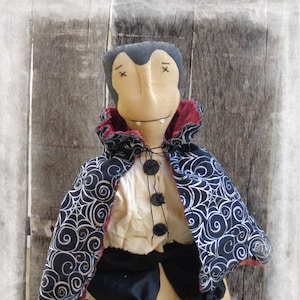 Made to Order - Primitive Dracula Rag Doll, Vampire Doll, Halloween Folk Art Decoration, Shelf Sitter