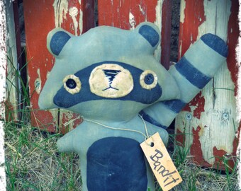 Primitive Raccoon Stuffed Animal, Primitive Folk Art Doll, Rustic Country Cabin Decor, Gift