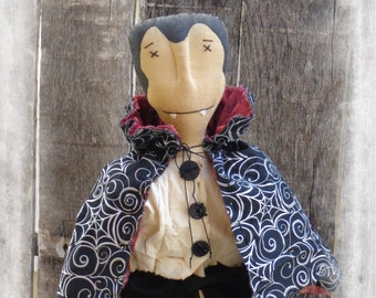 Made to Order - Primitive Dracula Rag Doll, Vampire Doll, Halloween Folk Art Decoration, Shelf Sitter