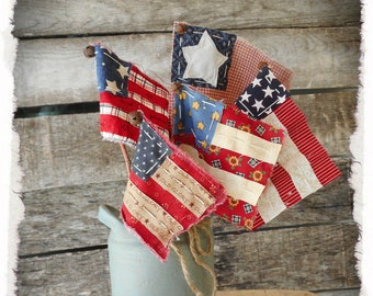 Made to Order, Scrappy Patriotic Flag Sticks, Plant Pokes, Primitive Fourth of July Americana Independence Day Decoration