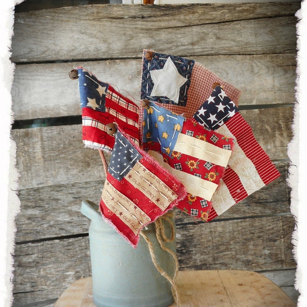 Made to Order, Scrappy Patriotic Flag Sticks, Plant Pokes, Primitive Fourth of July Americana Independence Day Decoration