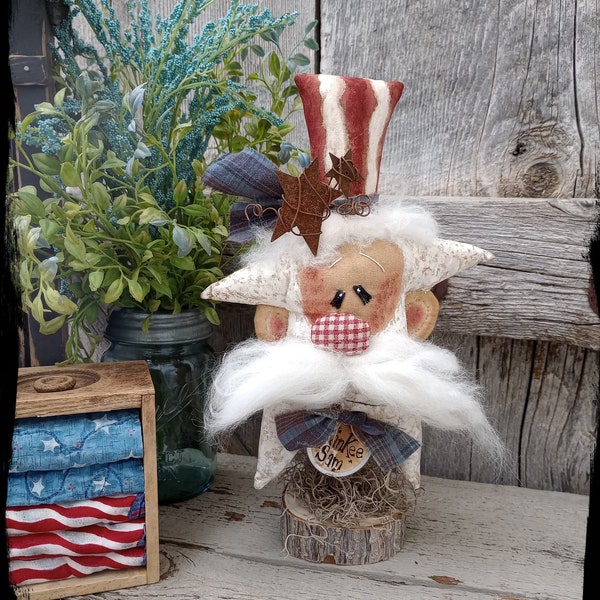 READY to SHIP - Uncle Sam Shelf Sitter, Primitive Uncle Sam Stump Doll, Folk Art, Patriotic Americana Summer 4th of July Decoration