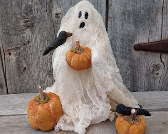 Primitive Halloween Ghost Doll: Pumpkin Patch Shelf Sitter with Crows