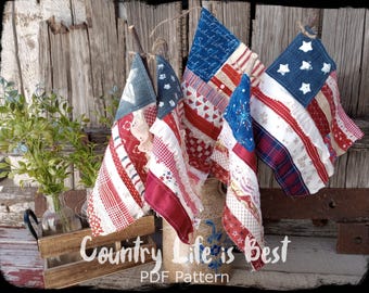 Scrappy Patriotic Flag Sticks PDF Pattern: Primitive Americana Decoration