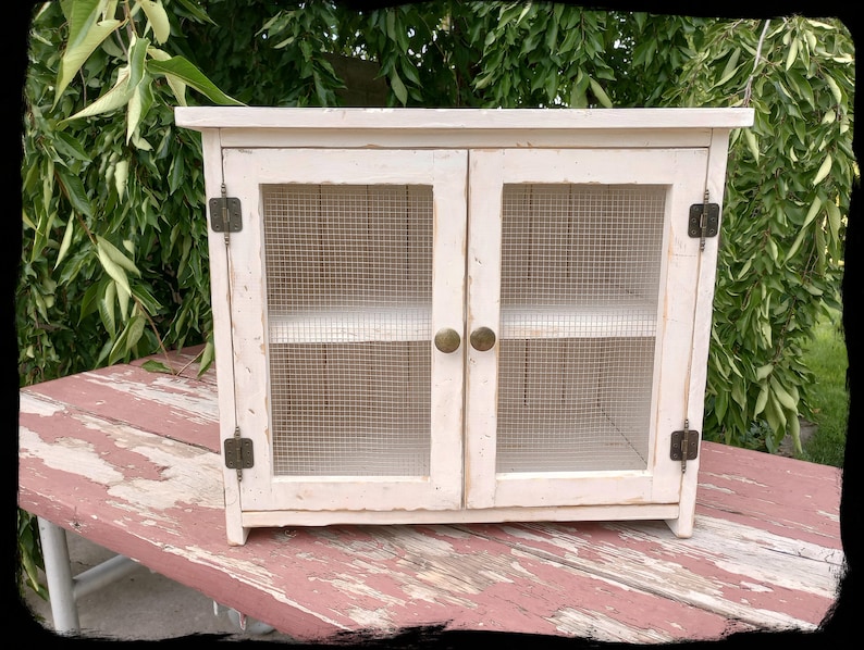 May include: A small, off-white cabinet with two doors featuring wire mesh panels. The cabinet has a distressed finish, brass-colored hardware, and two interior shelves. The cabinet is sitting on a red and white painted surface.