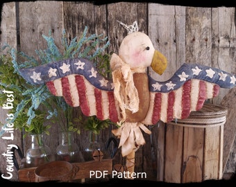 PDF Pattern, Primitive American Eagle Shelf Sitter, Patriotic Americana Eagle Made Do Doll, 4th of July Decoration