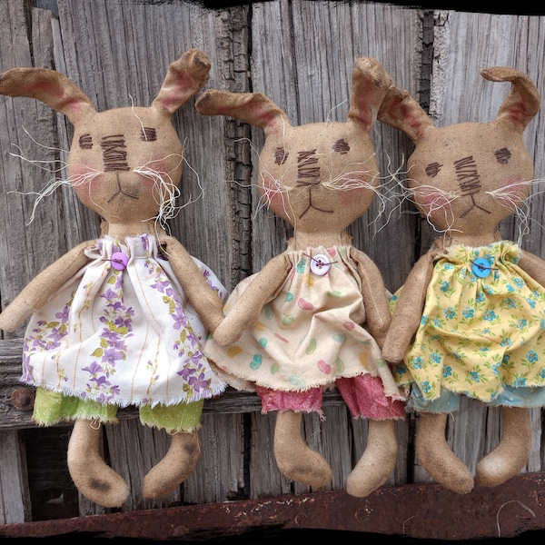 READY to SHIP, Grungy Bunny Rabbit Dolls - Primitive Easter Bunny Folk Art Rag Doll, OOAK