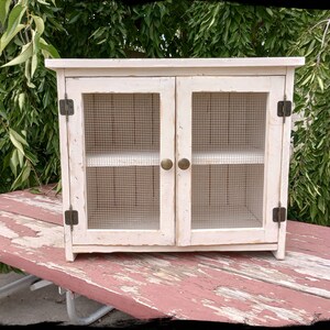 May include: A small, off-white cabinet with two doors featuring wire mesh inserts. The cabinet has brass-colored hardware and sits on a distressed red table. The cabinet doors have brass knobs and the hinges are dark metal.