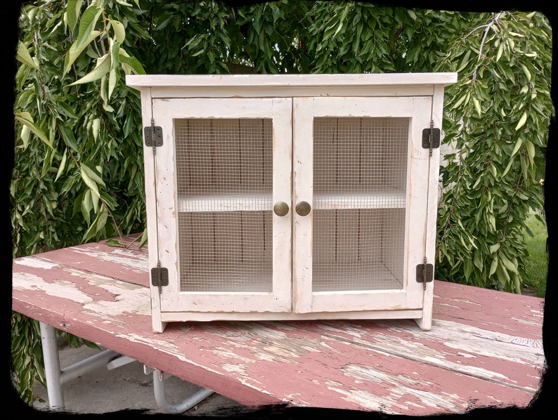 May include: A small, off-white cabinet with two doors featuring wire mesh inserts. The cabinet has brass-colored hardware and sits on a distressed red table. The cabinet doors have brass knobs and the hinges are dark metal.