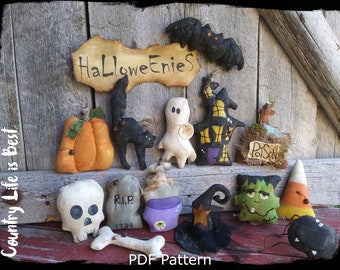 PDF Pattern, Primitive Halloween Ornaments, Miniature Halloween Decorations, Bowl Fillers, Tiered Tray Decor, Sewing Pattern