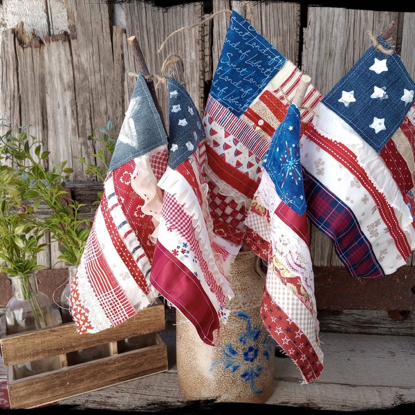 OOAK Scrappy Patriotic Flag Sticks, Plant Pokes, Primitive Fourth of July Americana Independence Day Decoration