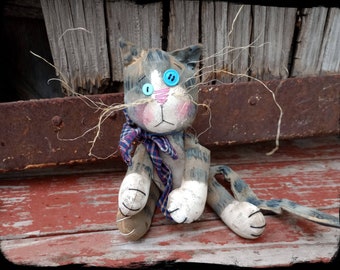 OOAK Gray Barn Cat, Folk Art, Primitive Kitten, Tiered Tray Décor, Farmhouse Cat, Shelf Sitter