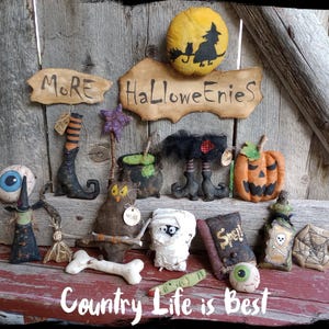 PDF Pattern, More Halloweenies, Primitive Miniature Halloween Ornaments, Sewing Pattern, Eyeballs, Witch Boots, Owl, Mummy, Spell Book