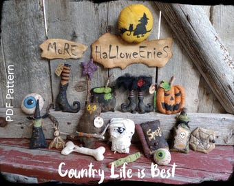 Primitive Halloween Ornaments Sewing Pattern: Witch, Mummy, Eyeballs (PDF Pattern)