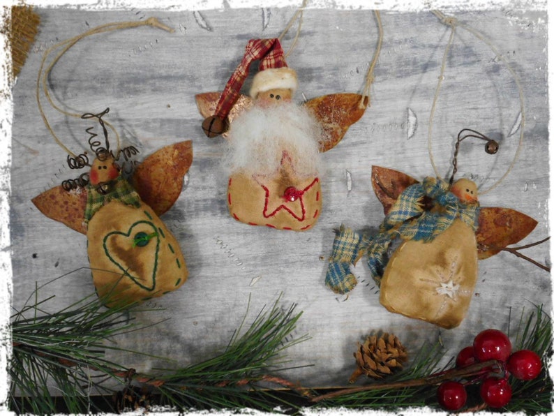 Set of 3 Primitive Christmas Tree Ornaments Angel Santa Etsy