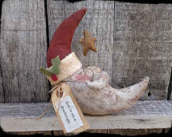 Primitive Sleepy Santa Moon Ornament: Rustic Christmas Shelf Sitter