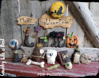 PDF Pattern, More Halloweenies, Primitive Miniature Halloween Ornaments, Sewing Pattern, Eyeballs, Witch Boots, Owl, Mummy, Spell Book